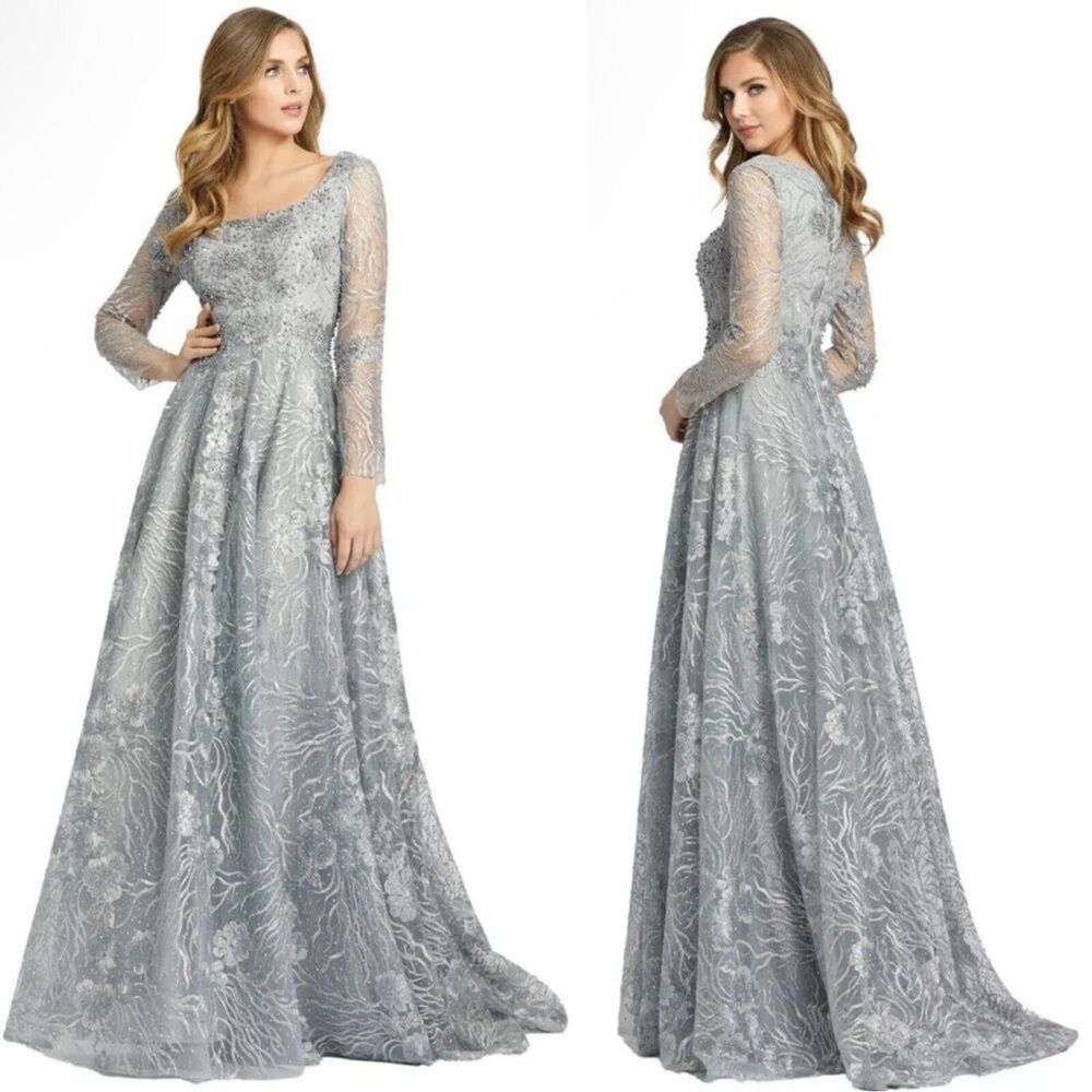 Mac Duggal 20285 Jewel Encrusted Square Neck Long Sleeve Gown, Dove Gray, Size 8